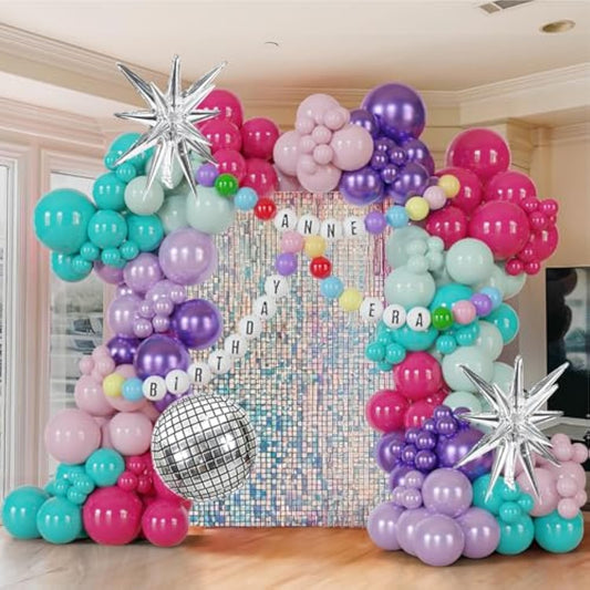 178Pcs Pink Purple Blue Balloon Garland Disco Ball Custom Bracelet Banner Kits For Teenage Party Decorations Music Fans Princess Themed Photo Backdrop Birthday,Bachelorette Party
