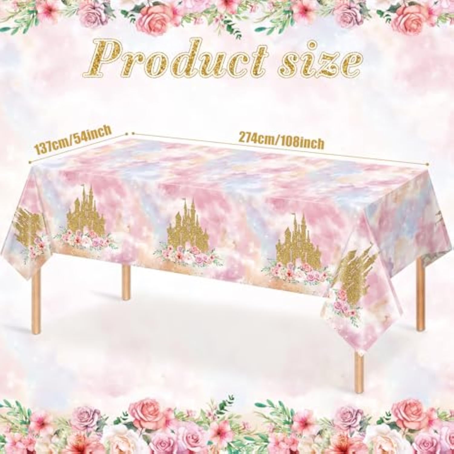 1 Pack Princess Tablecloths Birthday Decorations,Plastic Pink Rose Castle Table Cloth For Parties,Disposable Rectangle Floral Table Cover For Baby Shower Girls Birthday Party Supplies,54X108 Inch