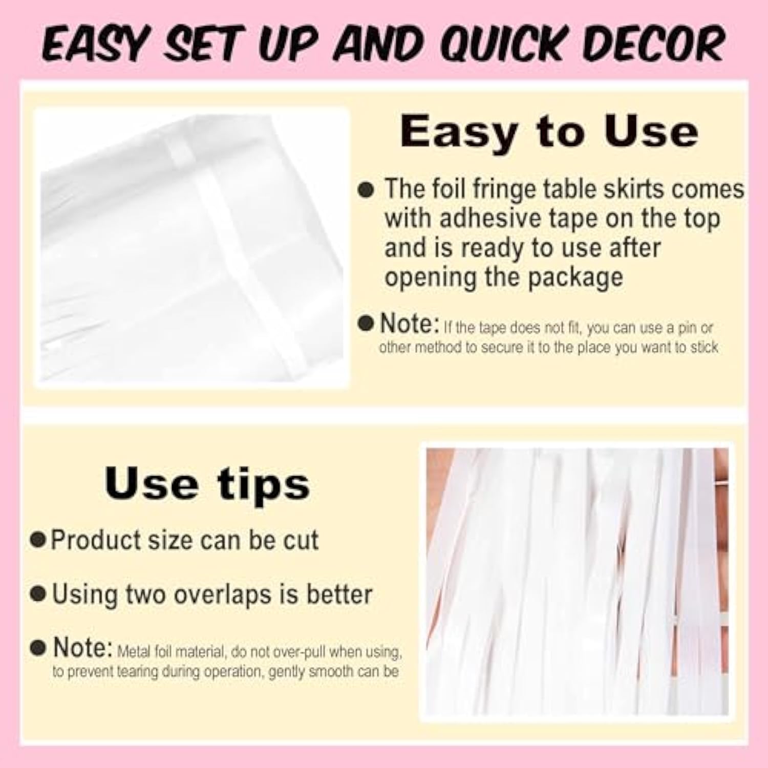 3 Pack Macaron White Foil Fringe Table Skirts Metallic Tinsel Streamers Garland Banner Backdrop For Table Decor, Parade Float, Birthday, Wedding, Halloween, Christmas Party Decorations(29X108 In)
