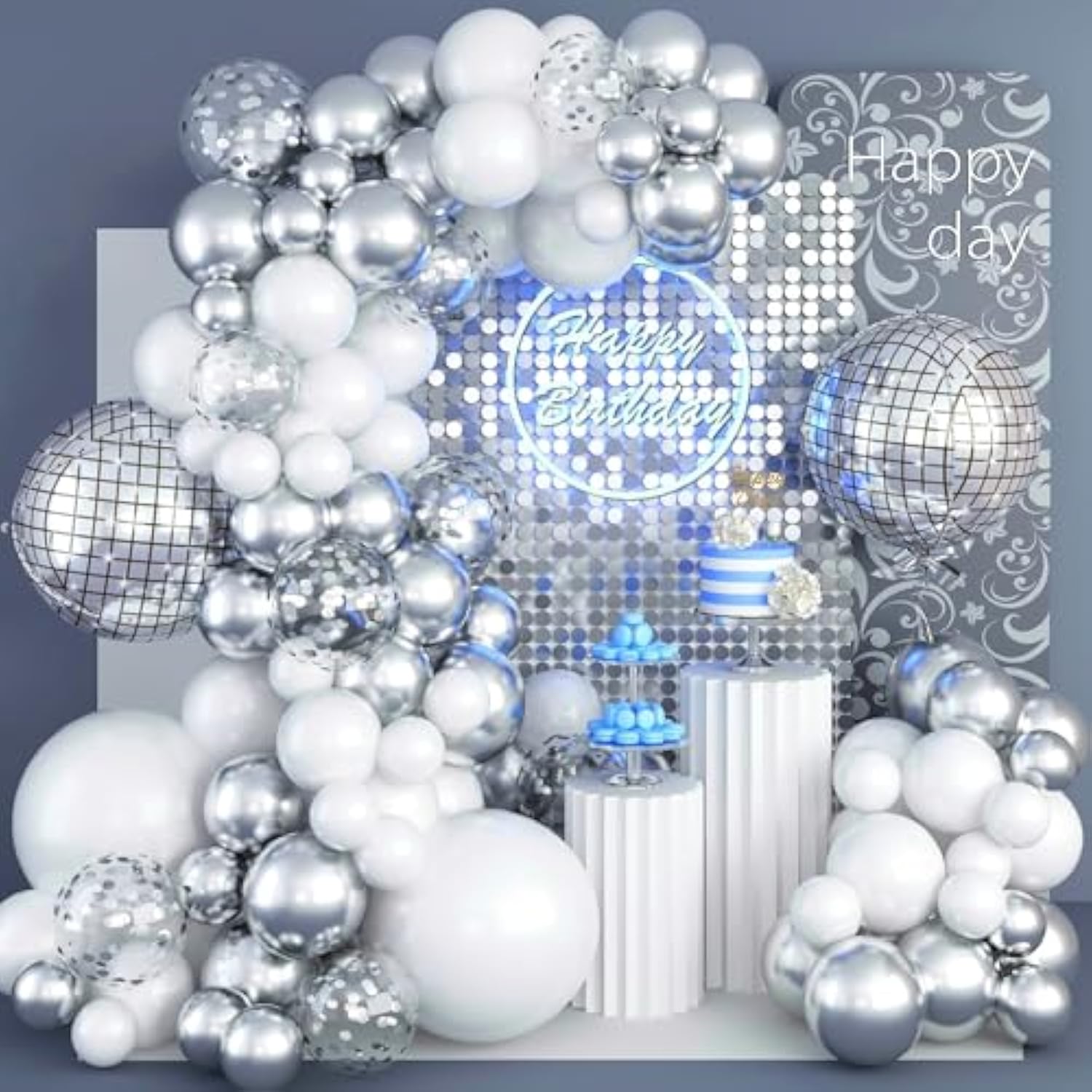 Disco Ball Arch Kit - White & Silver Balloons, Metallic Mirror Balls, Confetti For Disco Party Decor