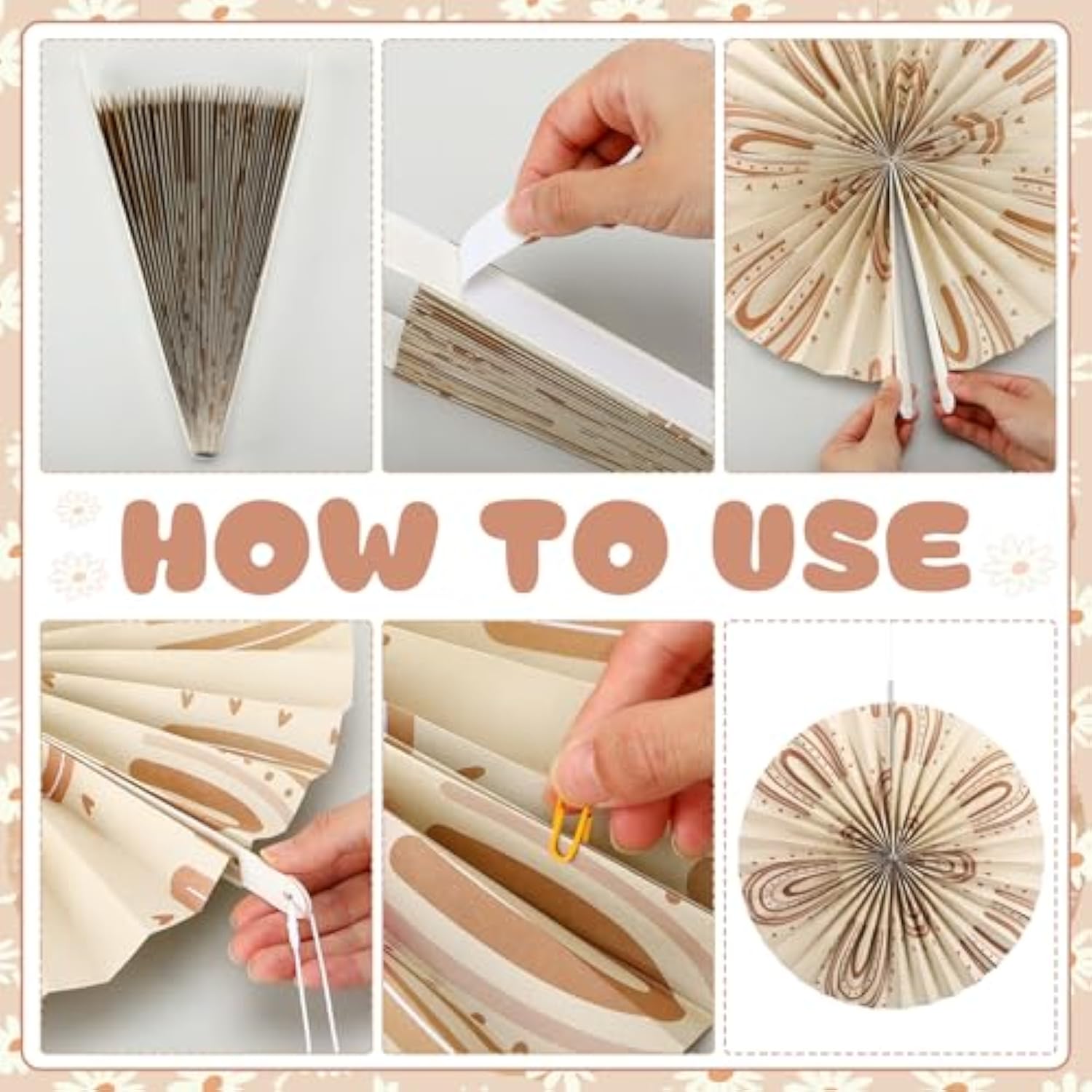 12 Pcs Boho Classroom Hanging Paper Fans 8'' 12'' 16'' Boho Classroom Decoration Rainbow Round Paper Fans Garlands Neutral Rustic Flower Leaf Wall Decor For School Office Party Decor