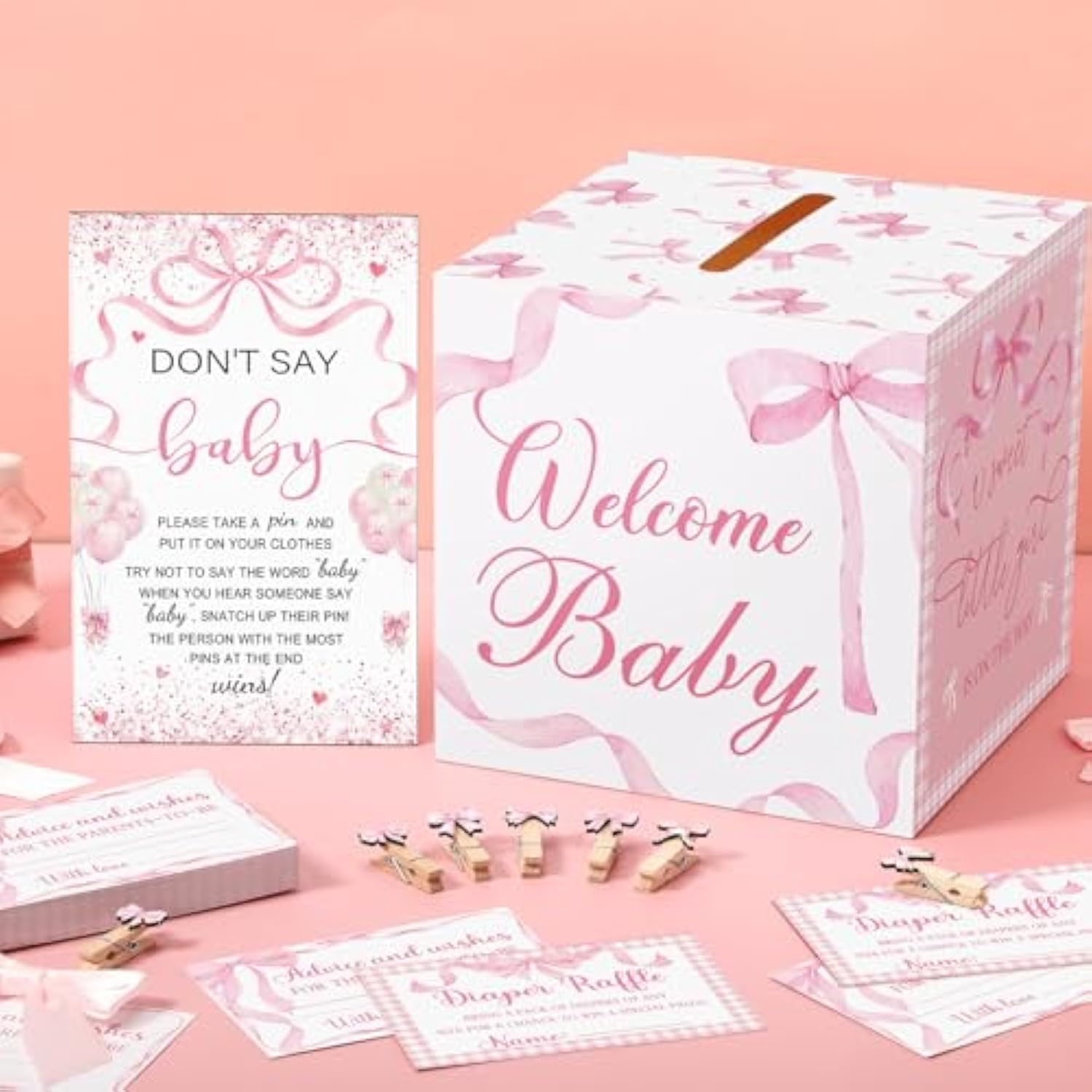 102 Pcs Diaper Raffle Tickets With Raffle Box Baby Shower Party Decorations Don'T Say Baby Sign Clothespin For Gender Reveal Party Invitation Insert Card Theme Game(Pink,Bow)