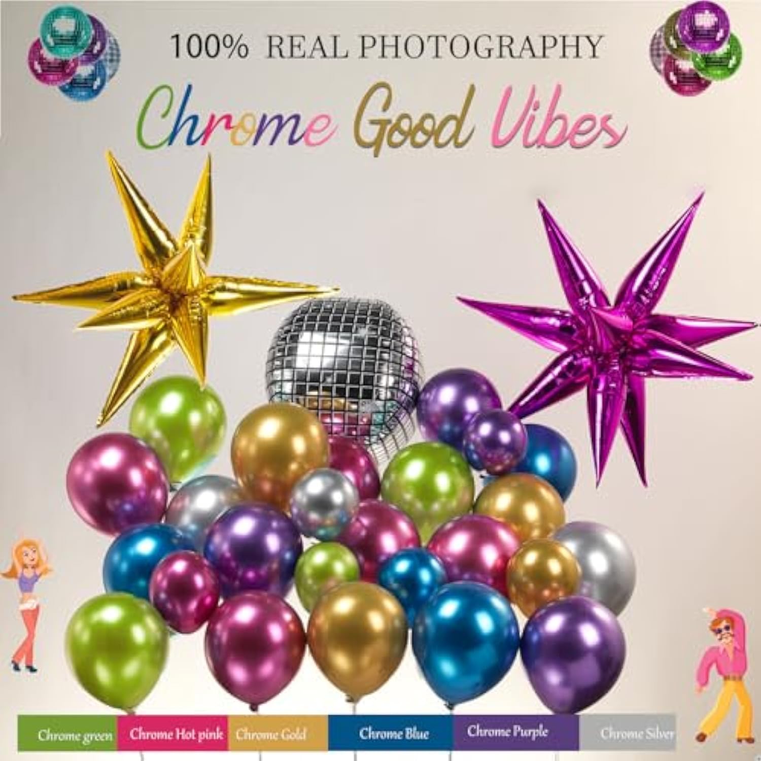 Metallic Balloon Garland Kit 150Pcs Hot Pink Purple Green Blue Silver Gold Latex Starburst 80S 90S Disco Ball Party Balloons For Birthday Graduations Class Of 2025 Prom Last Bachelorette Decoration