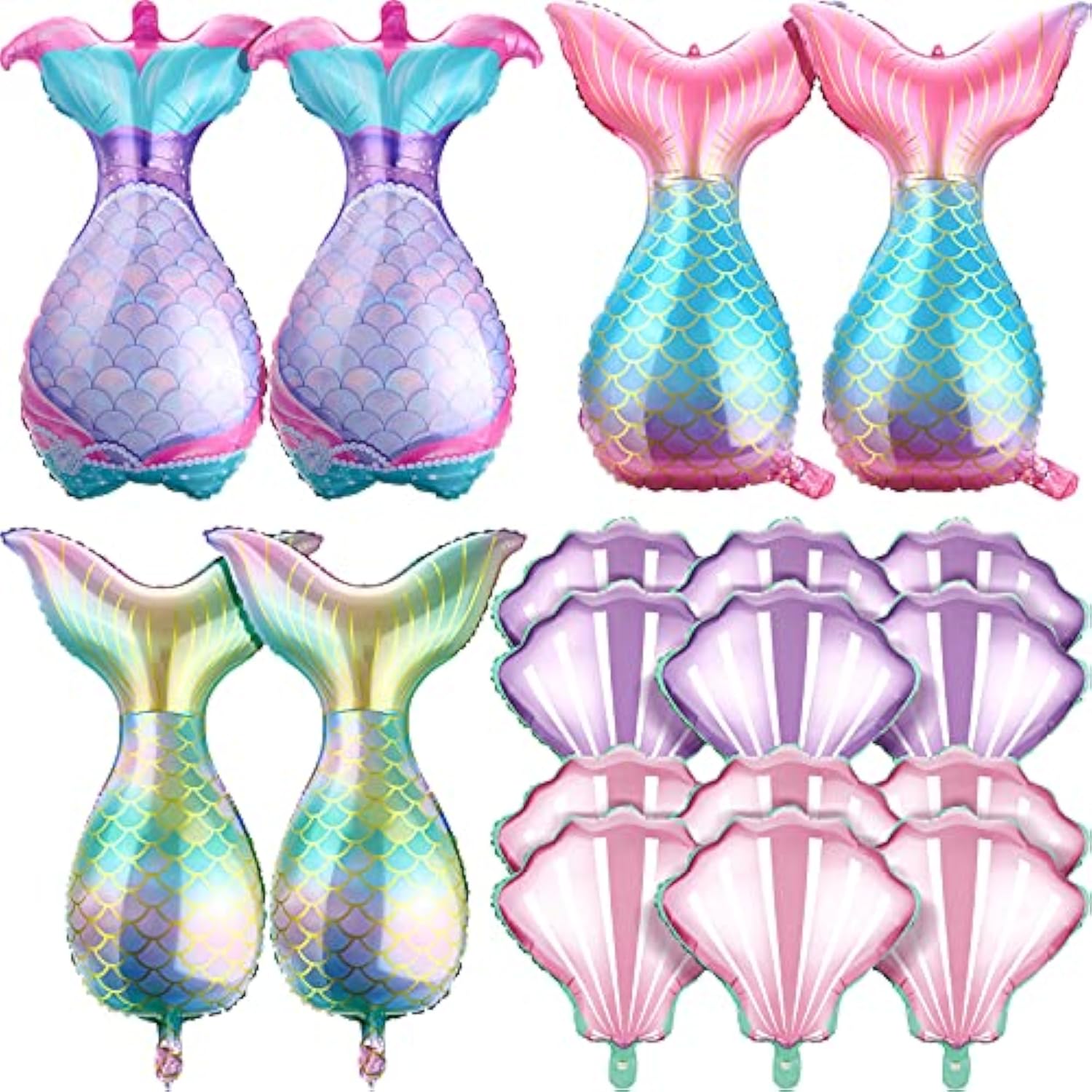 18 Piece Mermaid And Sea Shell Balloons Set, Tail Foil Party Balloons For Mermaid Ocean Theme Under The Sea Baby Shower Birthday Party Decorations