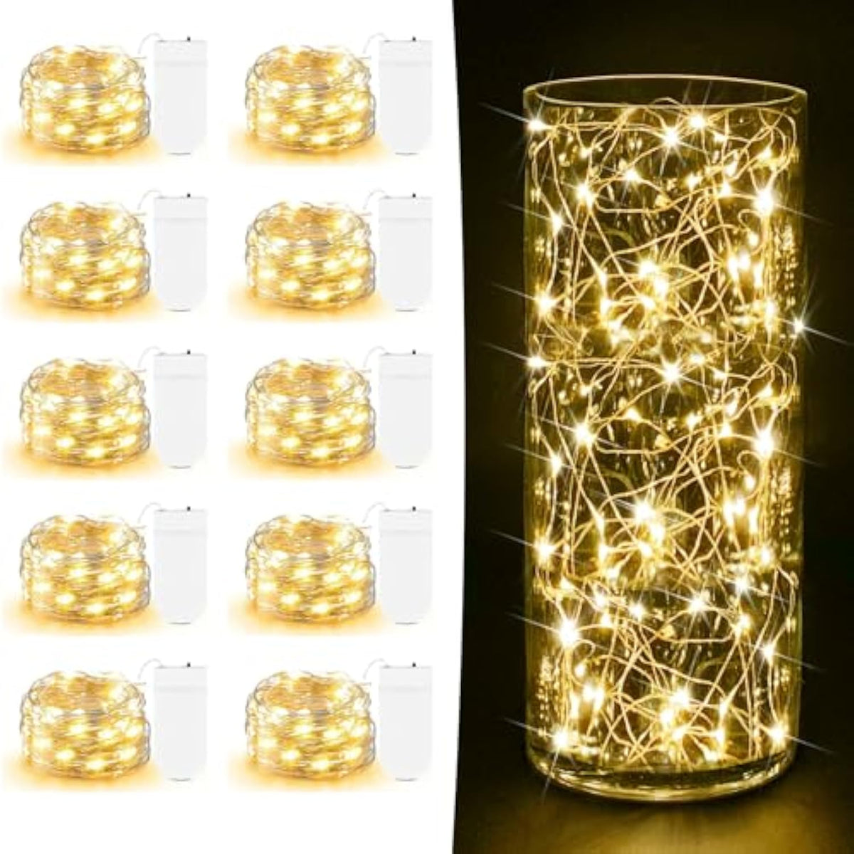 10 Pack Fairy Lights Battery Operated - 7Ft 20 Led Twinkle Lights Copper Wire Mini String Lights Firefly Lights For Mason Jars Diy Crafts Christmas Wedding Party Centerpiece Table Decor, Warm White