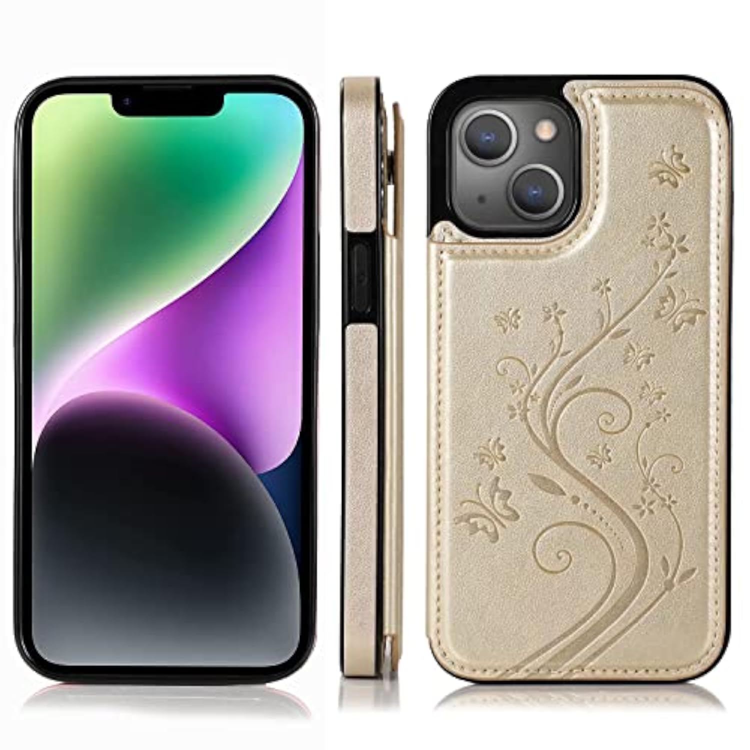 iPhone 15 Plus 6.7 inch Premium Leather Case with Tempered Glass Screen Protector and Card Holder Wallet Stand