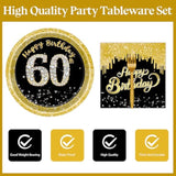 72-Piece 60th Birthday Party Set - Black & Gold Plates, Napkins for 24 Guests