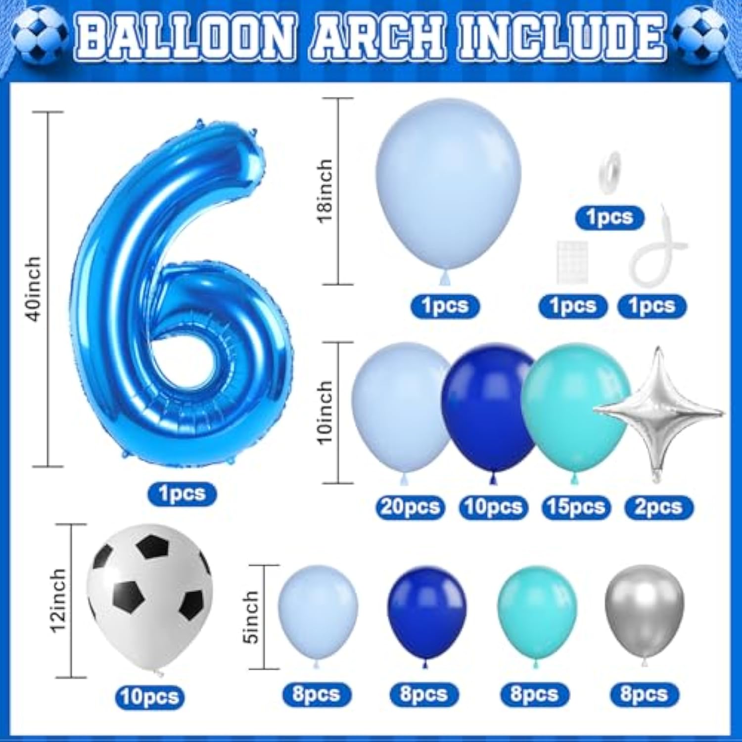 6Th Soccer Birthday Balloons Decorations, Soccer Balloon Arch Kit With Royal Blue Teal Light Blue Balloons, 40 Inch Blue Number 6 Balloon Tower, For Boys 6 Years Old Football Club Party Decorations