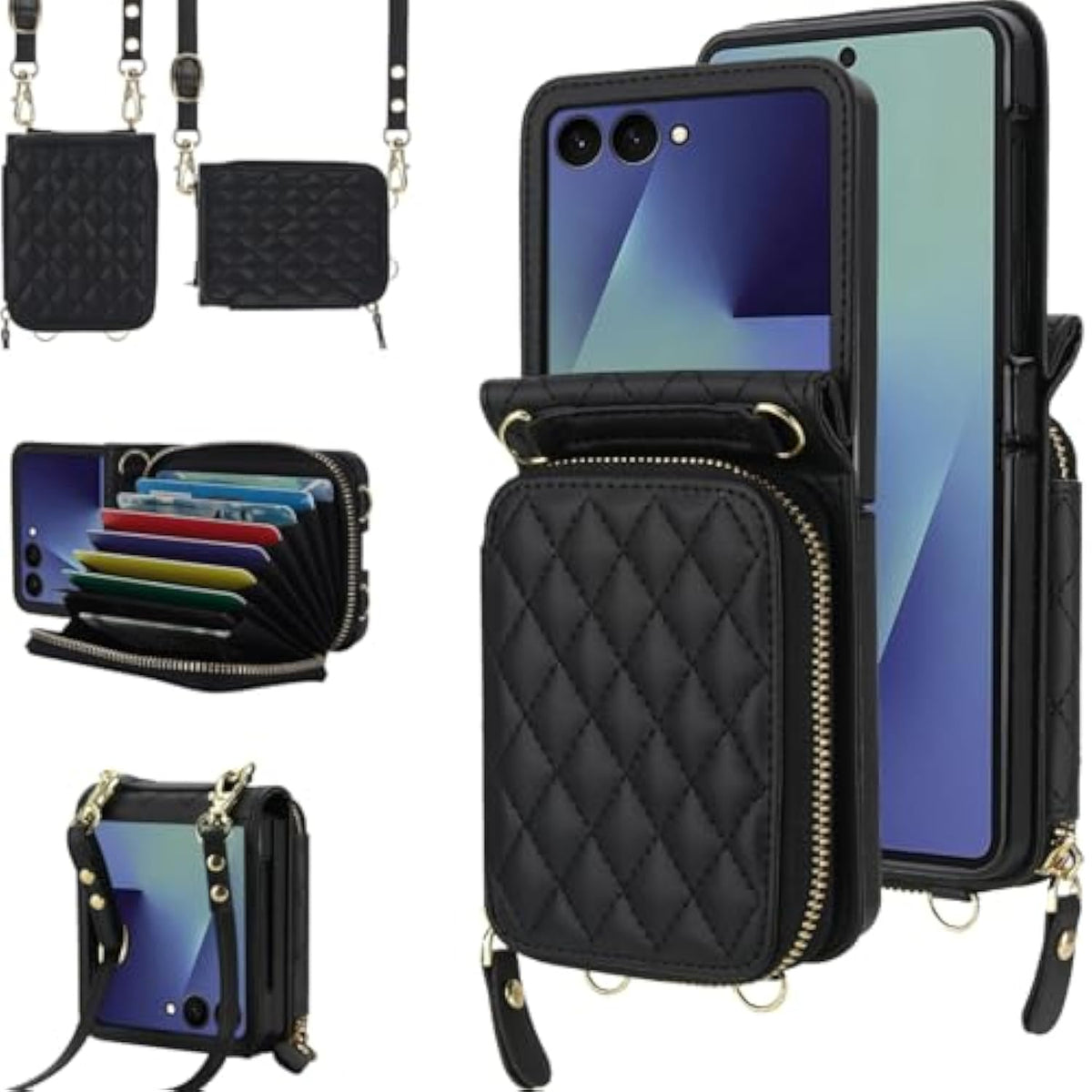 Hand Strap For Samsung Galaxy Z Flip 7 Case Wallet With Card Holder, Cute Shockproof Leather Detachable Cross-Body Lanyard For Samsung Z Flip 7 Case Purse,Galaxy Z Flip 7 Cover Women Girls Black