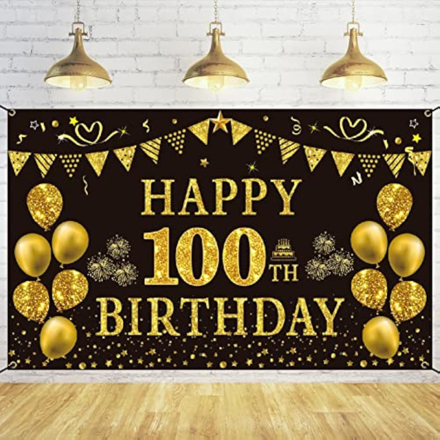 100Th Birthday Decorations - Black & Gold 100Th Birthday Backdrop Banner, 5.9 X 3.6 Ft, Party Supplies