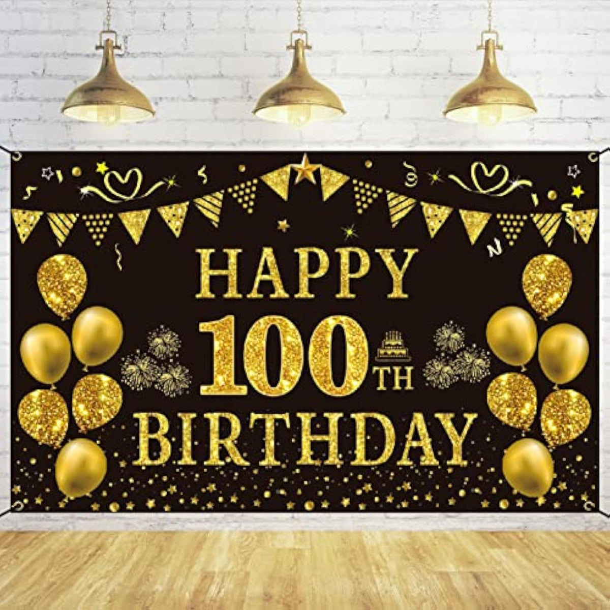 100Th Birthday Decorations - Black & Gold 100Th Birthday Backdrop Banner, 5.9 X 3.6 Ft, Party Supplies