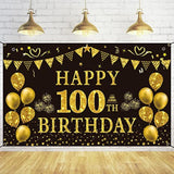 100Th Birthday Decorations - Black & Gold 100Th Birthday Backdrop Banner, 5.9 X 3.6 Ft, Party Supplies