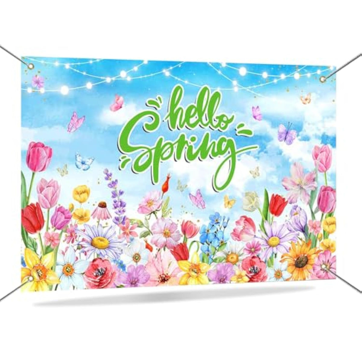 Spring Backdrop Banner Floral Hello Spring Decorations Background Easter Flowers Blue Sky Photo Booth Props 70.8 X 43.3 Inch