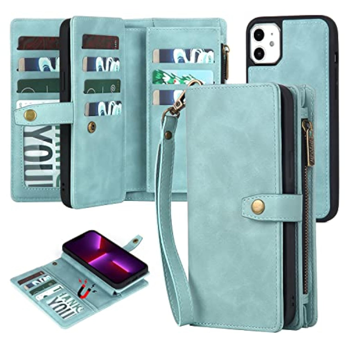 For Iphone 11 Wallet Case With Card Holder & Detachable Magnetic Phone Case, Pu Leather Case Wallet For Women/Men With Wrist Strap (Blue)