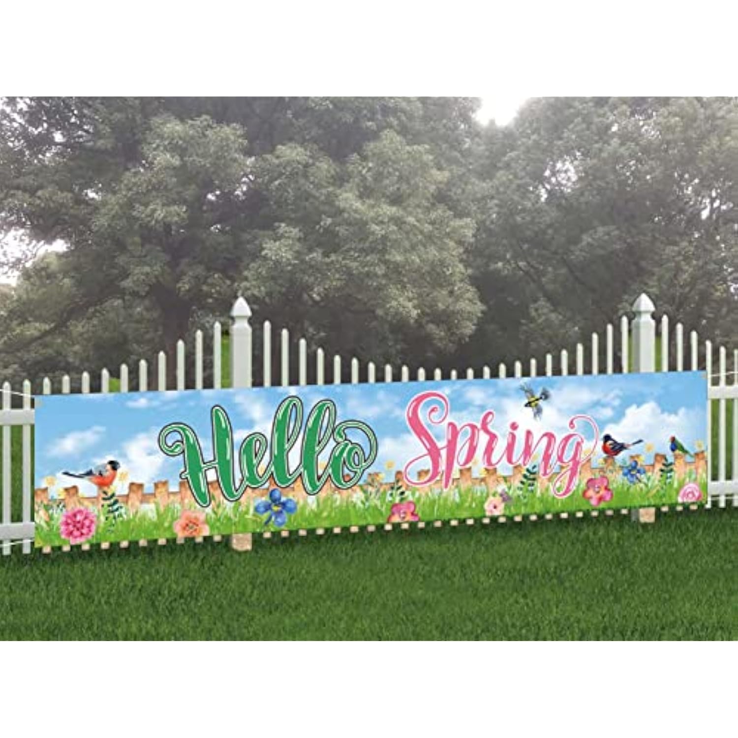 Hello Spring Large Banner Birds With Flowers Banner,Welcome Home Outdoor Flag Sign Decorations Holiday Party Polyester Outdoor Decor With Brass Grommets 8.2X1.64 Ft