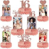 8Pcs Happy 16Th Birthday Decorations Honeycomb Centerpieces For Girls, Pink Rose Gold Glitter Sweet 16 Birthday Photo Table Centerpieces Party Supplies, Pink Sixteen Bday Photo Table Topper