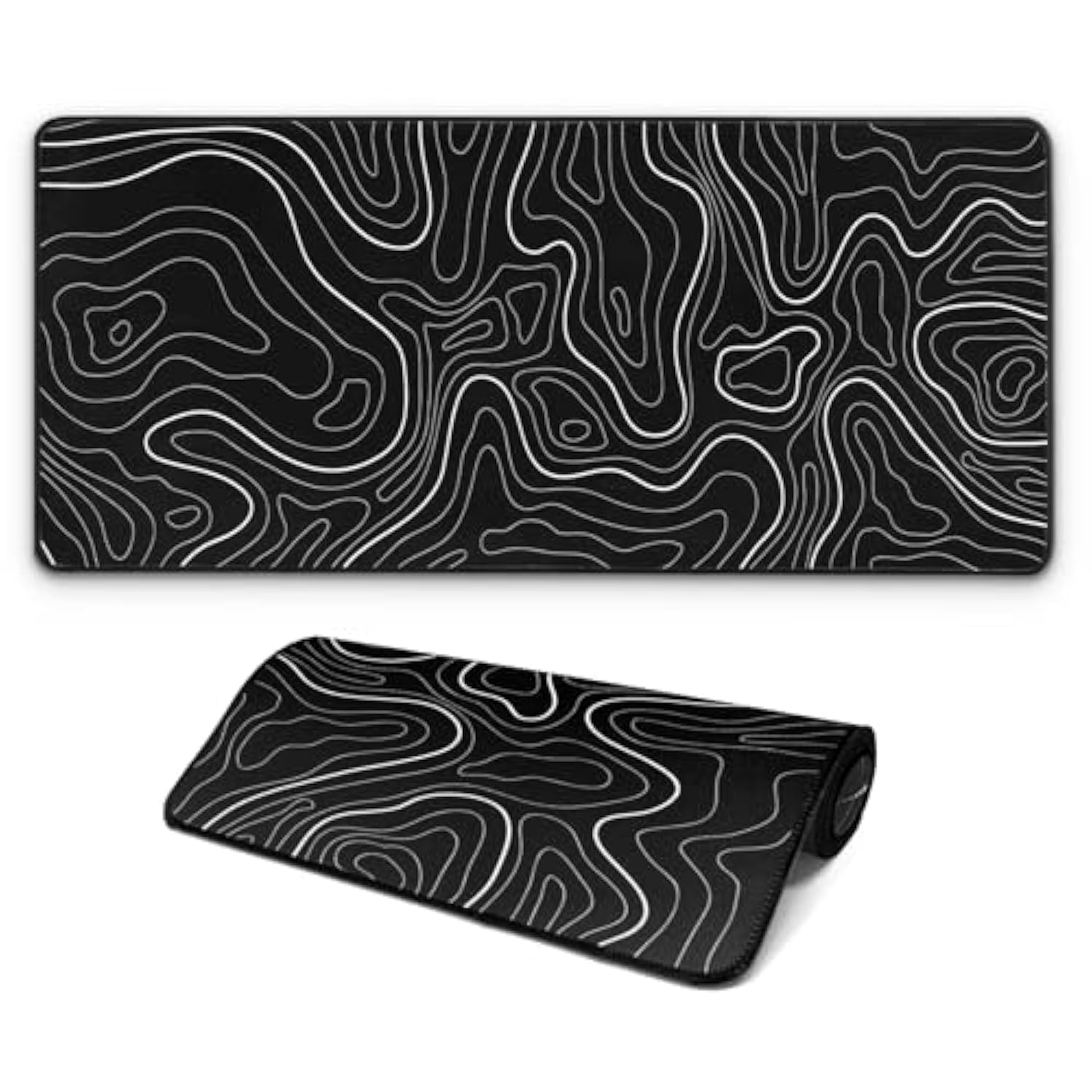 Large Computer Mouse Pad With Non-Slip Base For Desktop, Cute Gaming Mouse Mat With Stitched Edges, Long Extended Anime Mousepad For Laptop, 31.5 X 11.8 Inches (Black Topographic Map)
