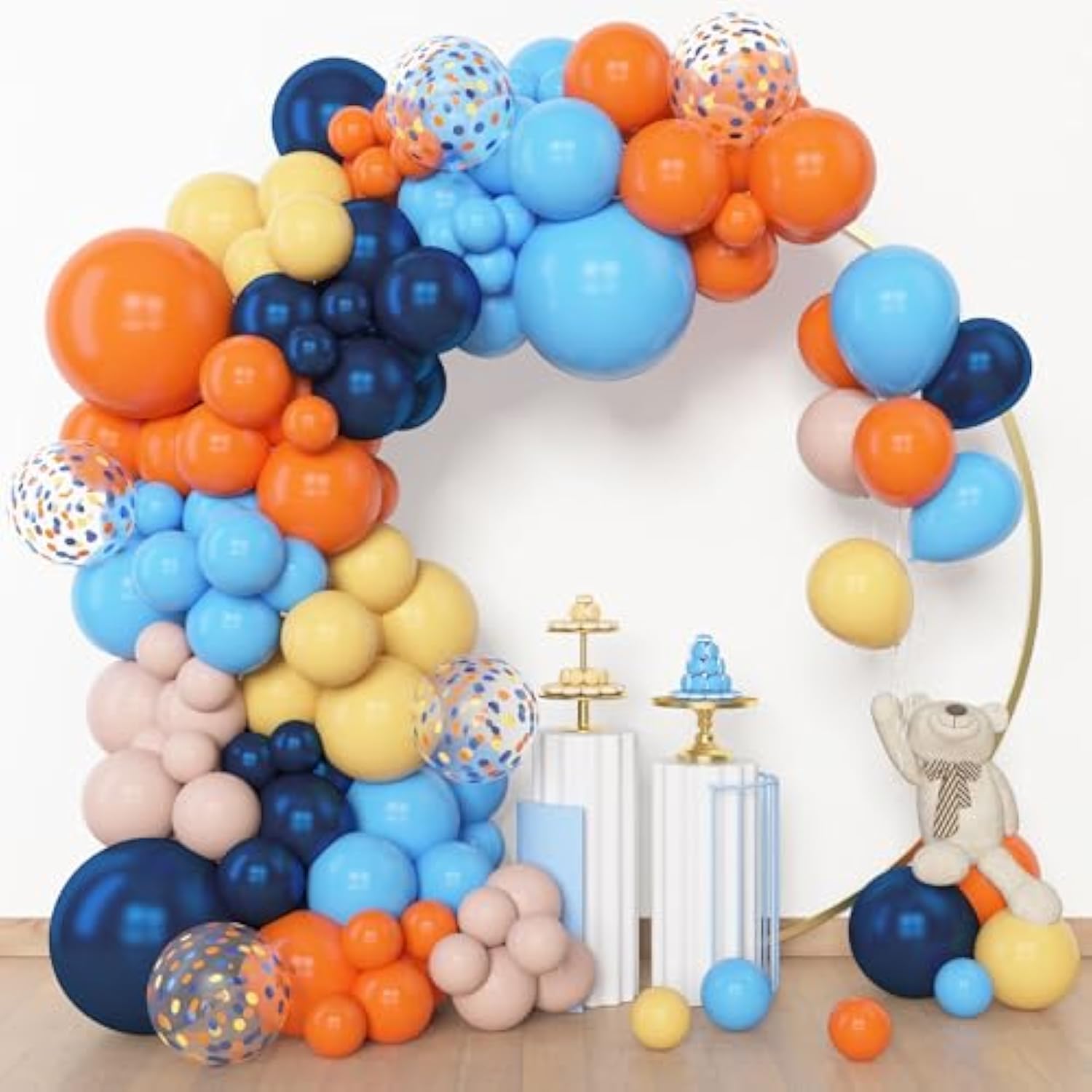 153Pcs Blue Orange Balloon Garland Arch Kit, Different Sizes 18 12 10 5 Inch Navy Blue Yellow Latex Pearlescent Confetti Balloons For Girl Boys Blue Birthday Party Baby Shower Decorations