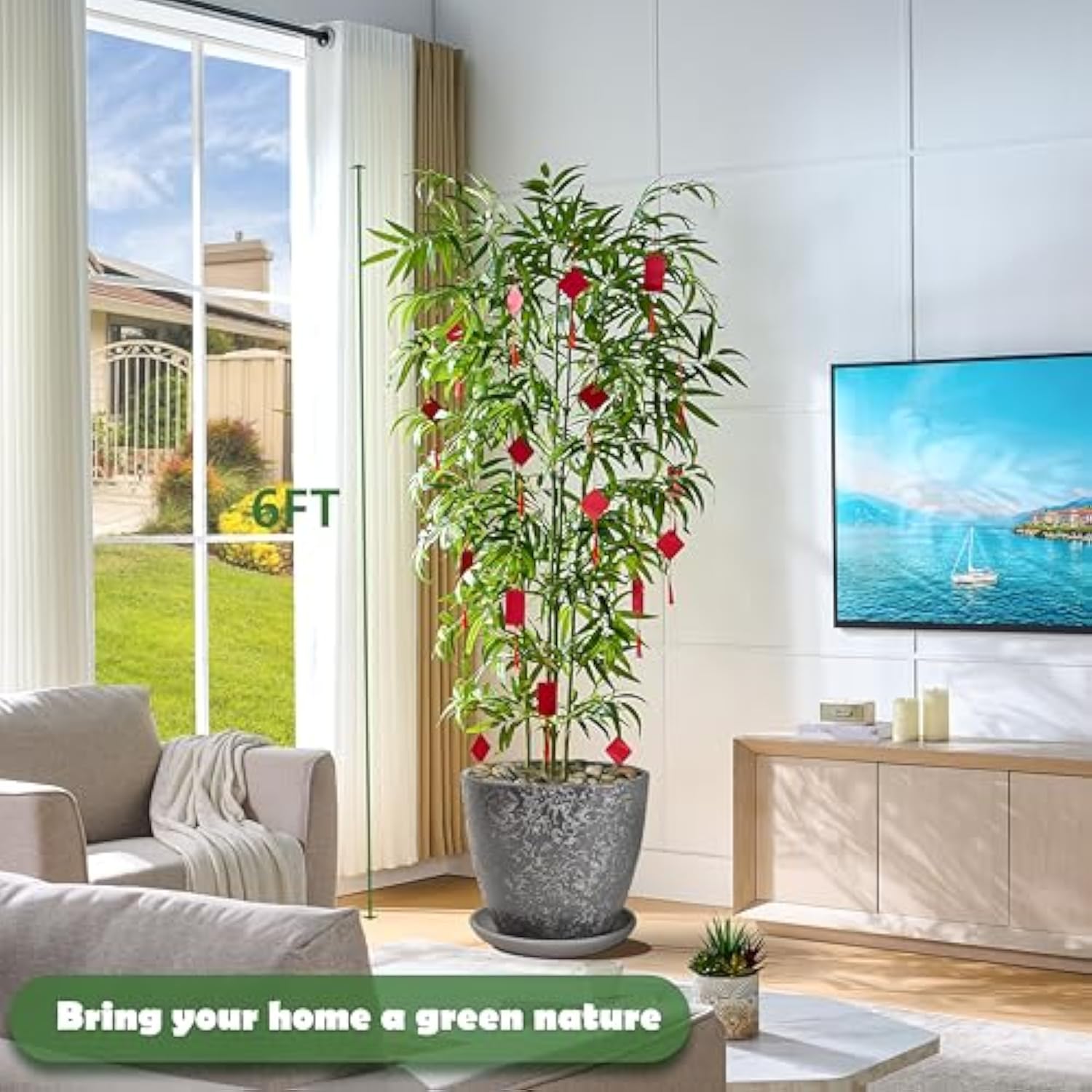 Artificial Bamboo Tree 6Ft Tall Fake Plants Faux Silk Plant, Faux Bamboo Plant For Home Office Indoor Outdoor Decor Artificial Trees With Tall Planter