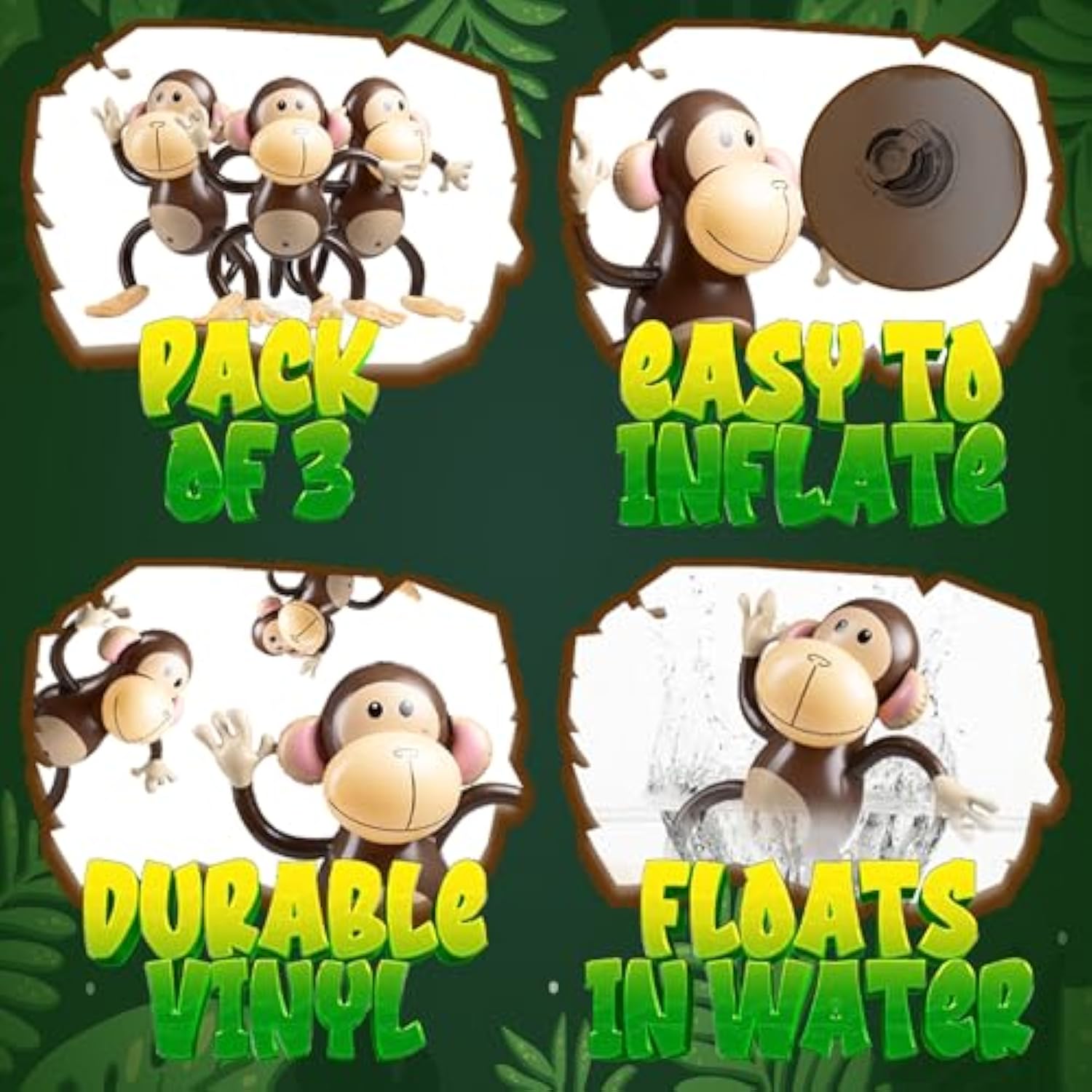 Large Inflatable Monkey (Pack Of 3) 27-Inch Monkeys For Baby Shower, Safari, Jungle Themed Birthdays, Blow Up Animal Party Favors And Decorations For Kids And Toddlers