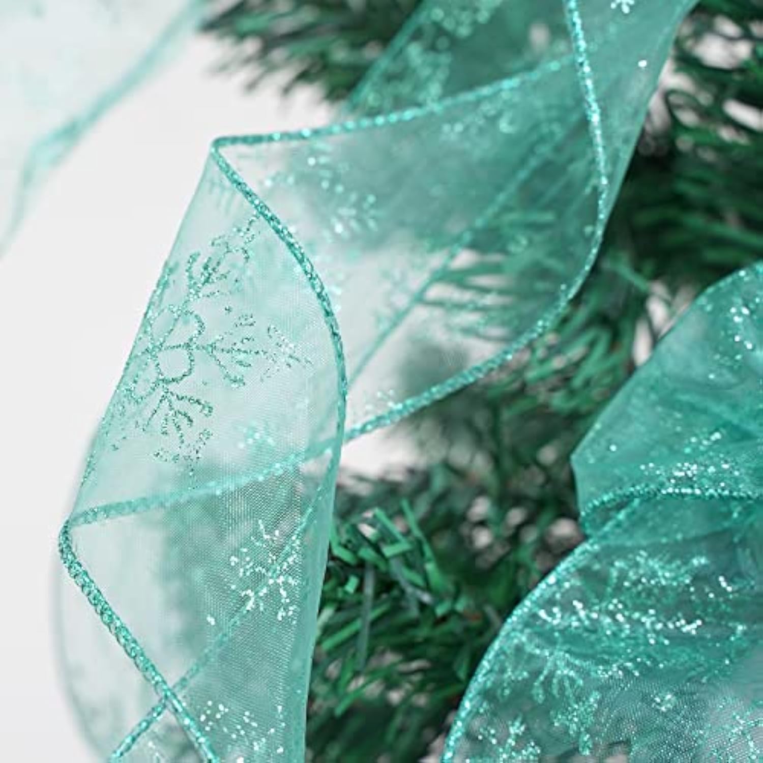 Snowflake Sheer Wired Teal Ribbon For Christmas Tree - 50 Yards, Top Bows, Garland, Gift Wrapping, Wreaths - 2.5