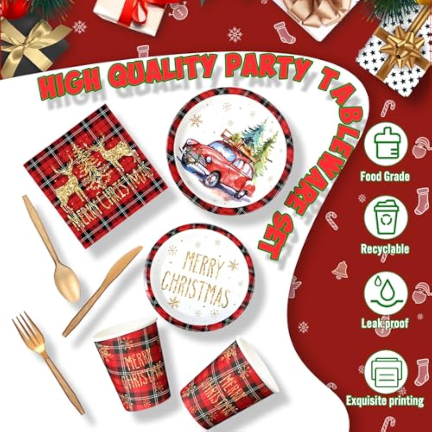 240 Pcs Christmas Paper Plates And Napkins Serve 30 Guests Christmas Party Supplies Disposable Xmas Tableware Set Plates Napkins Cups With Knife Fork Spoon(Red,Plaid Style)