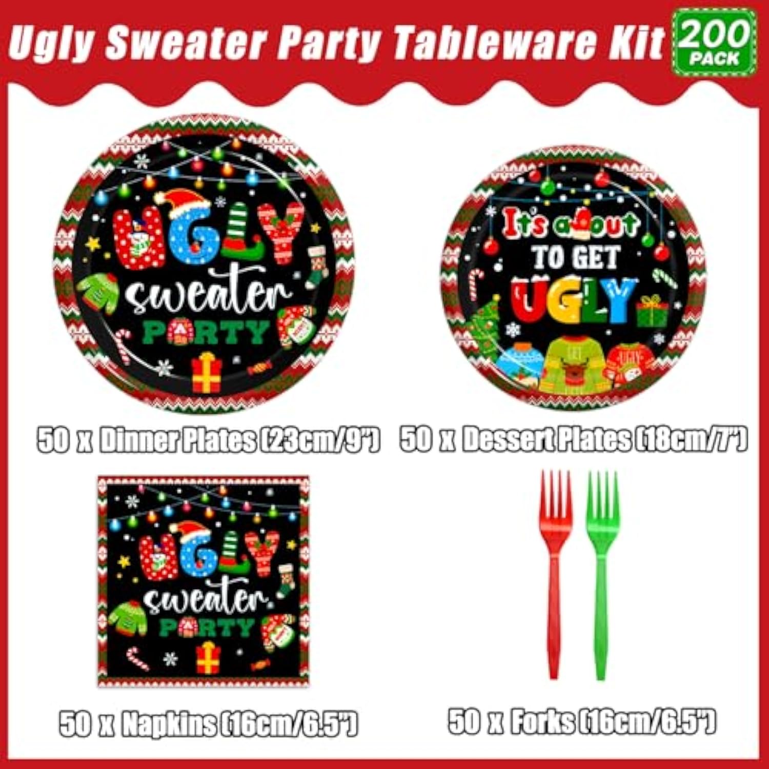 200pcs Christmas Ugly Sweater Party Plates Red Green Disposable Tableware Set