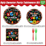 200pcs Christmas Ugly Sweater Party Plates Red Green Disposable Tableware Set