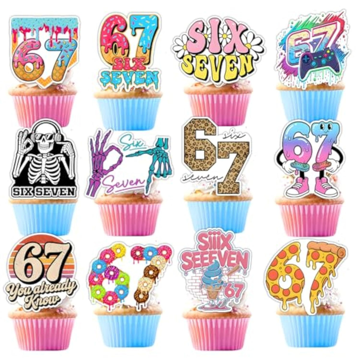 24Pcs Six Seven Cupcake Toppers, Funny 6 7 Party Decorations Funny Six Seven Birthday Cake Decorations For Donut Ice Cream Baseball Meme 6 7 Theme Party Supplies (24)