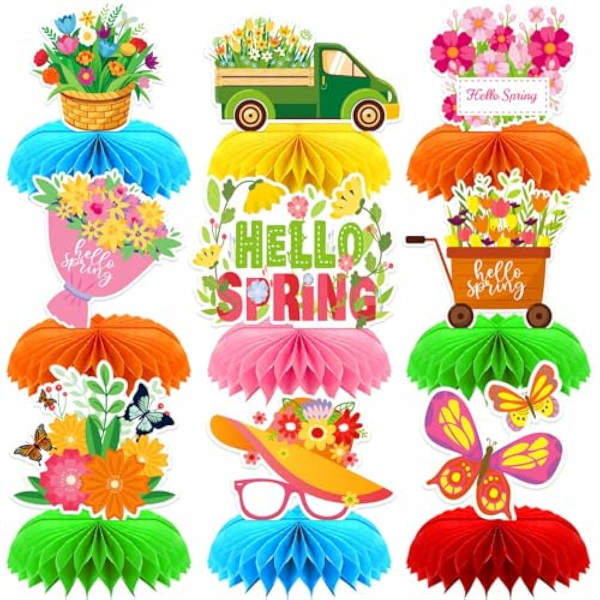9 Pcs Hello Spring Honeycomb Centerpieces Spring Flower Party Decorations Spring Theme Table Centerpieces For Spring Party,Birthday, Bridal Shower Table Decor Supplies