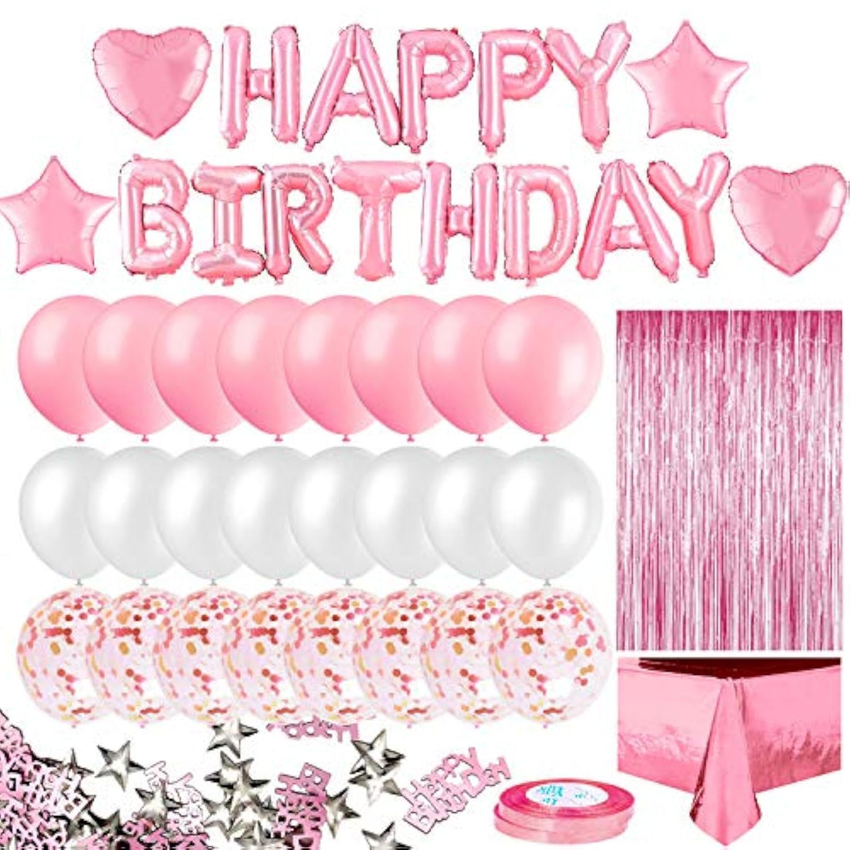 33pcs Pink Birthday Decor Set with Banner, Fringe Curtain, Balloons & Confetti