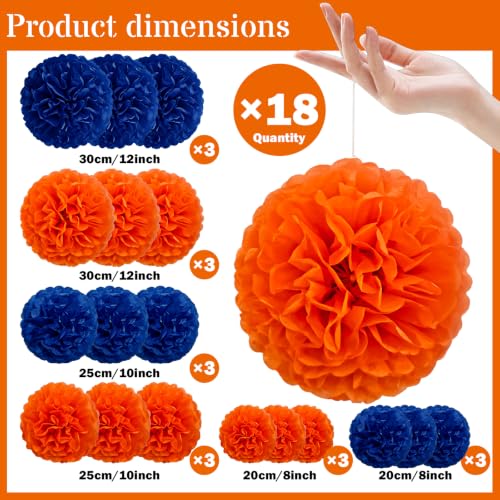 Blue Orange Party Decorations, 18 Pcs Paper Pom Poms Decorations