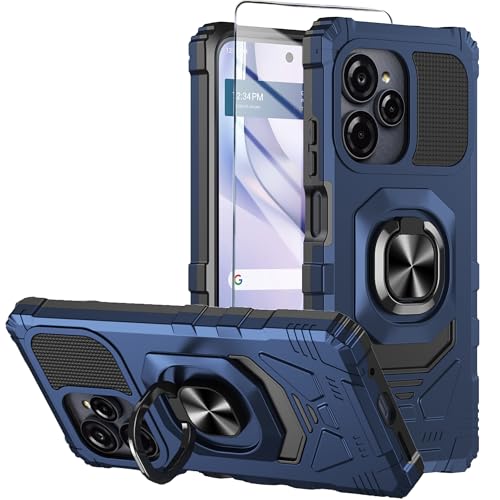for BLU View Speed Ultra 5G Phone Case with Tempered Glass Screen Protector,Dual Layer Shockproof Protection Cover,with Ring Kickstand (Blue)