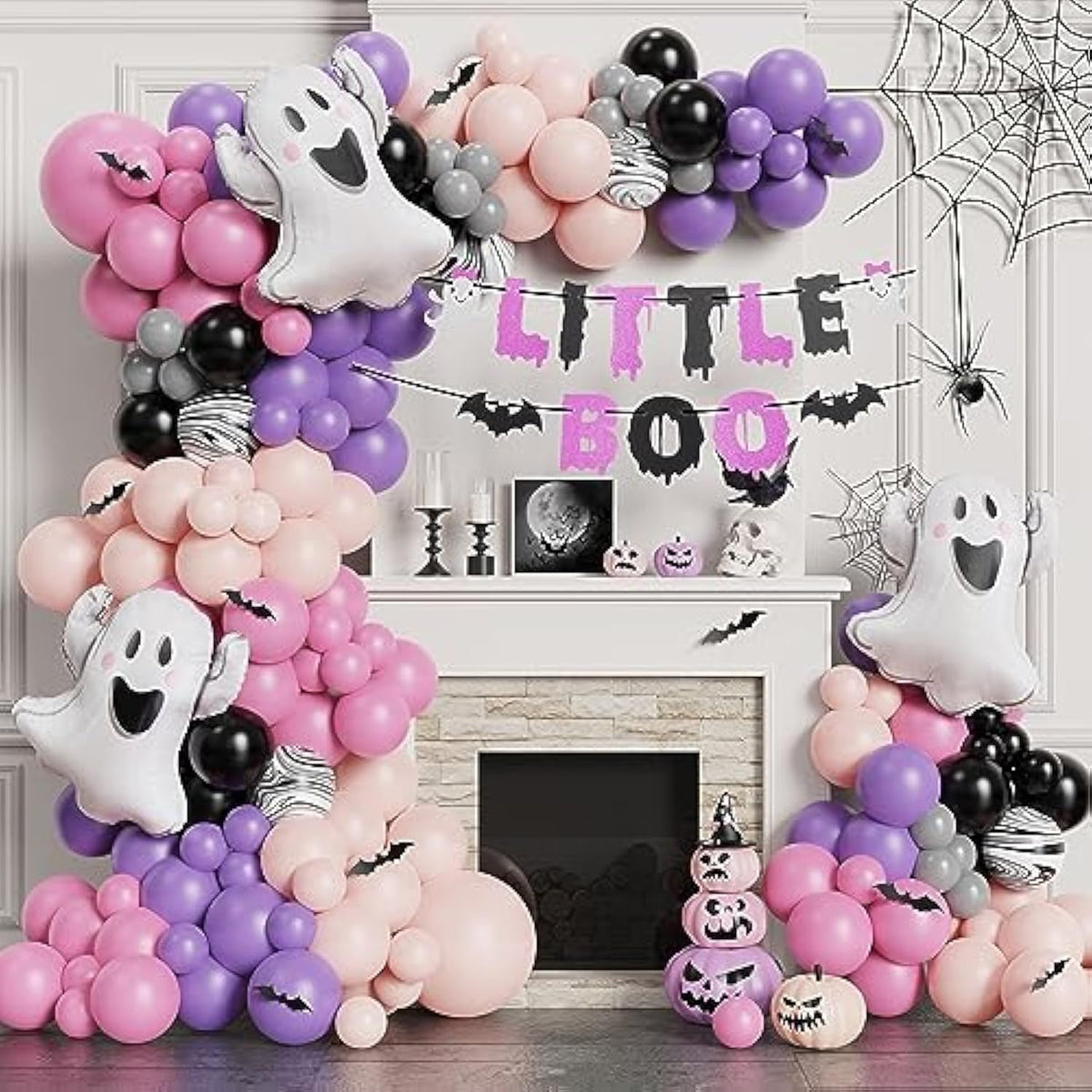 Halloween Little Boo Balloon Arch Kit- Rose Pink Purple Balloons With Cute Ghost Balloons Little Boo Banner Bat Wall Stickers For Baby Shower Birthday Party Halloween Party Decoration