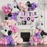 Halloween Little Boo Balloon Arch Kit- Rose Pink Purple Balloons With Cute Ghost Balloons Little Boo Banner Bat Wall Stickers For Baby Shower Birthday Party Halloween Party Decoration