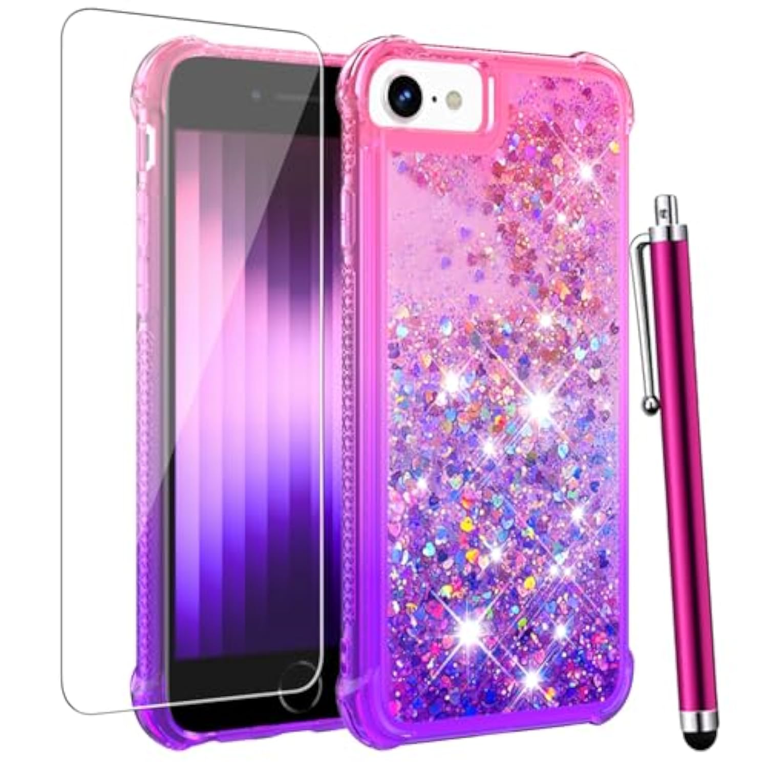For Iphone Se Case 2022/2020, Iphone 8 Case, Iphone 7 Case With Screen Protector, Women Girls Cute Glitter Bling Floating Liquid Soft Tpu Silicone Shockproof Protective Phone Case -Pink/Purple