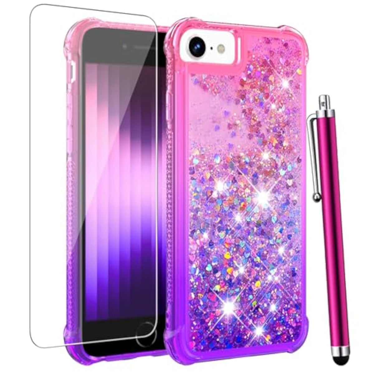 For Iphone Se Case 2022/2020, Iphone 8 Case, Iphone 7 Case With Screen Protector, Women Girls Cute Glitter Bling Floating Liquid Soft Tpu Silicone Shockproof Protective Phone Case -Pink/Purple