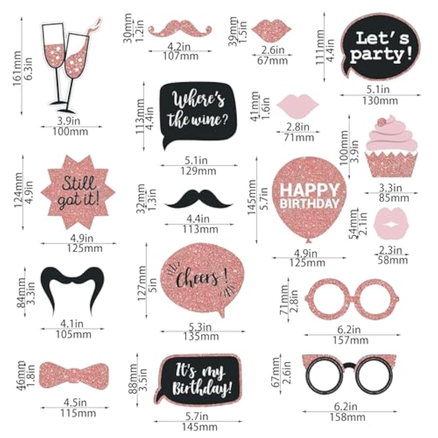 Party Birthday Photo Booth Props, 30Pcs Set Of Happy Birthday Selfie Party Supplies With Real Glitter Cute Bday Designs For Women Or Girls,Easy To Assemble(Rose Gold)
