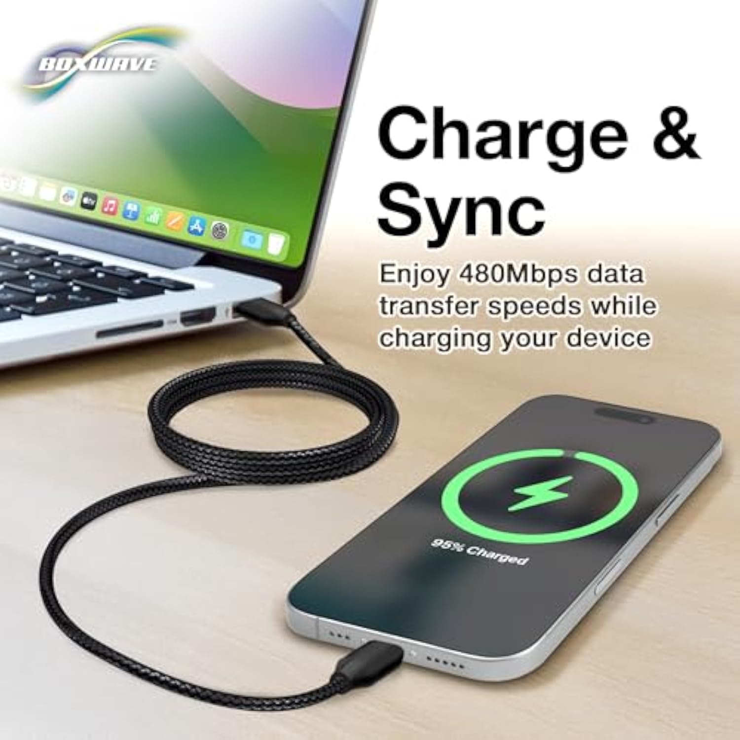 BoxWave Cable Compatible with Dell P1424H - DirectSync PD Cable (3ft) - USB-C to USB-C (100W), Type C Braided Charge and Fast Sync - Jet Black