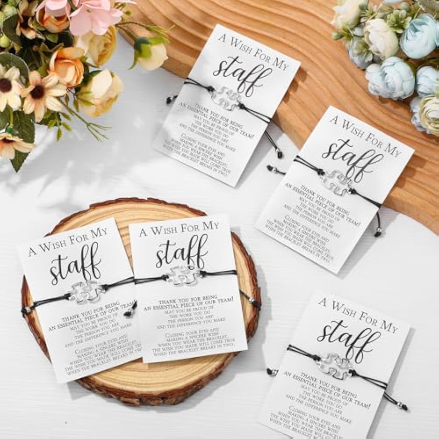 25 Sets Staff Appreciation Gifts Bulk Team Puzzle Piece Bracelet Bulk With Employee Thank You Postcard A Wish For My Staff Inspirational Favors For Teacher, Coworkers, Students