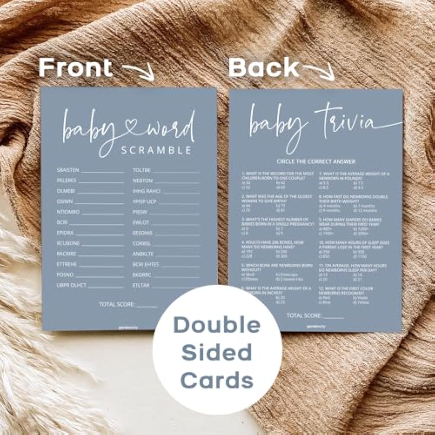 Baby Shower Games Boy - Baby Trivia And Word Scramble Game, 50 Double-Sided Cards (Blue)