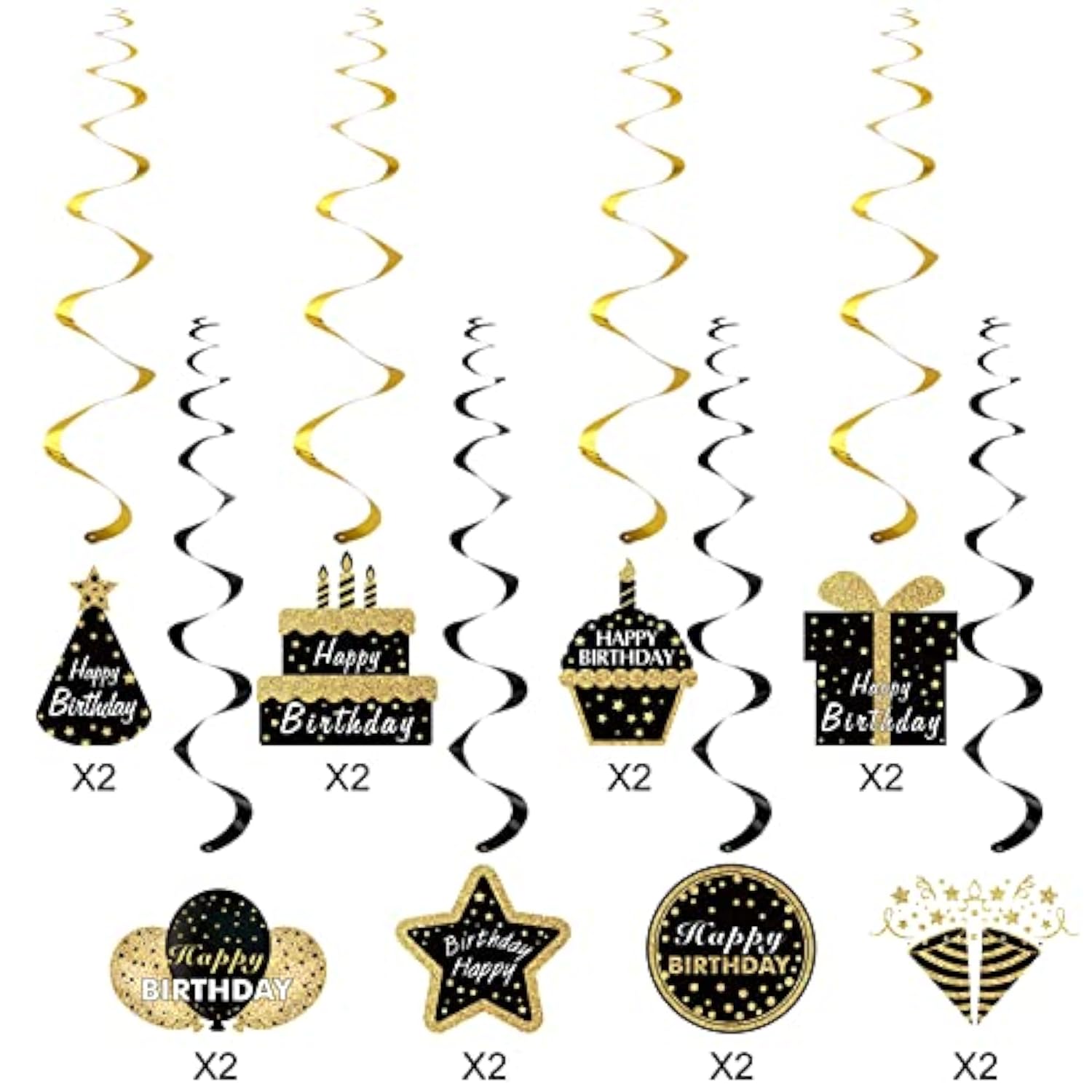 16PCS Black & Gold Happy Birthday Hanging Swirls for Men Women Ceiling Decor