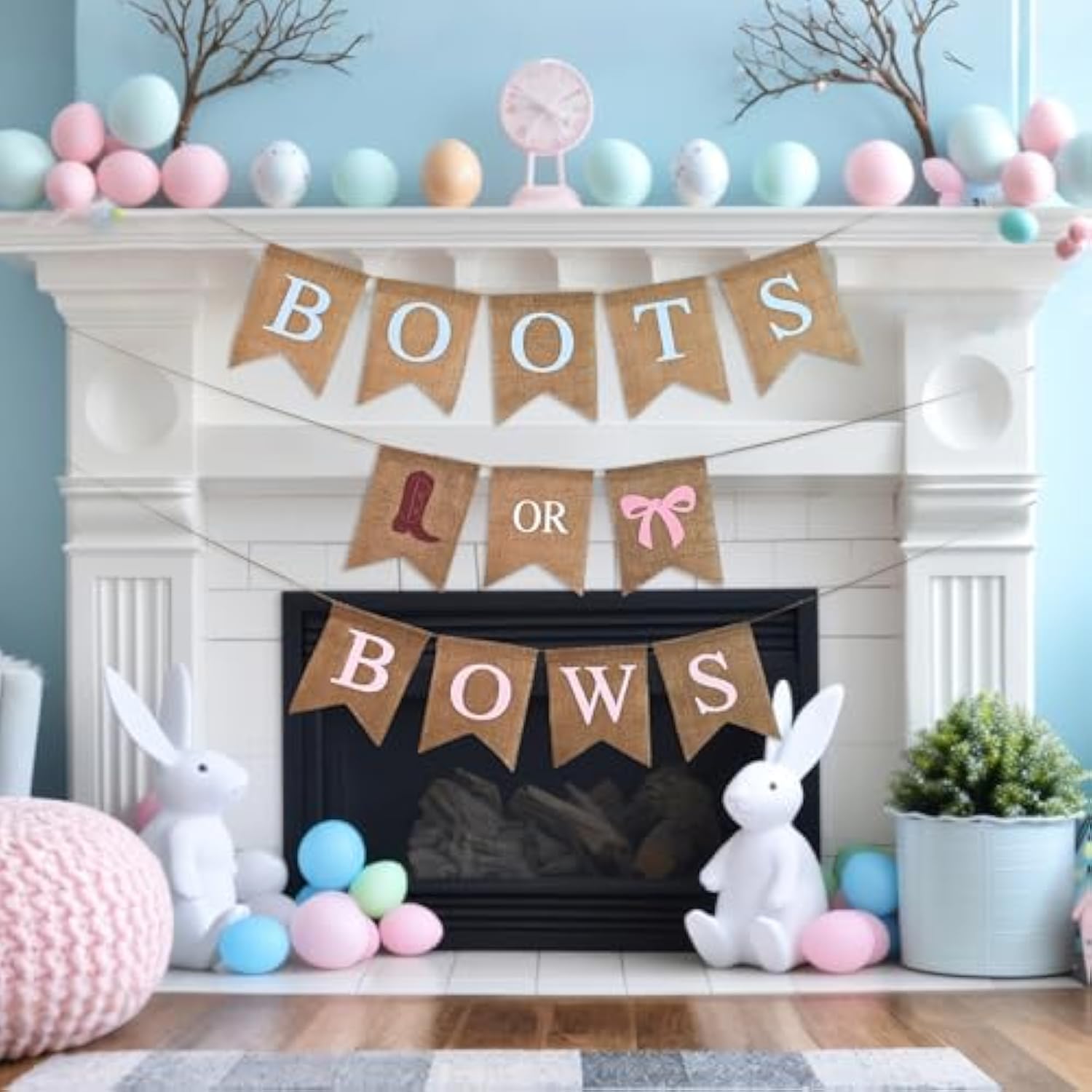 Boots or Bows Gender Reveal Banner — Burlap Baby Shower Party Decoration