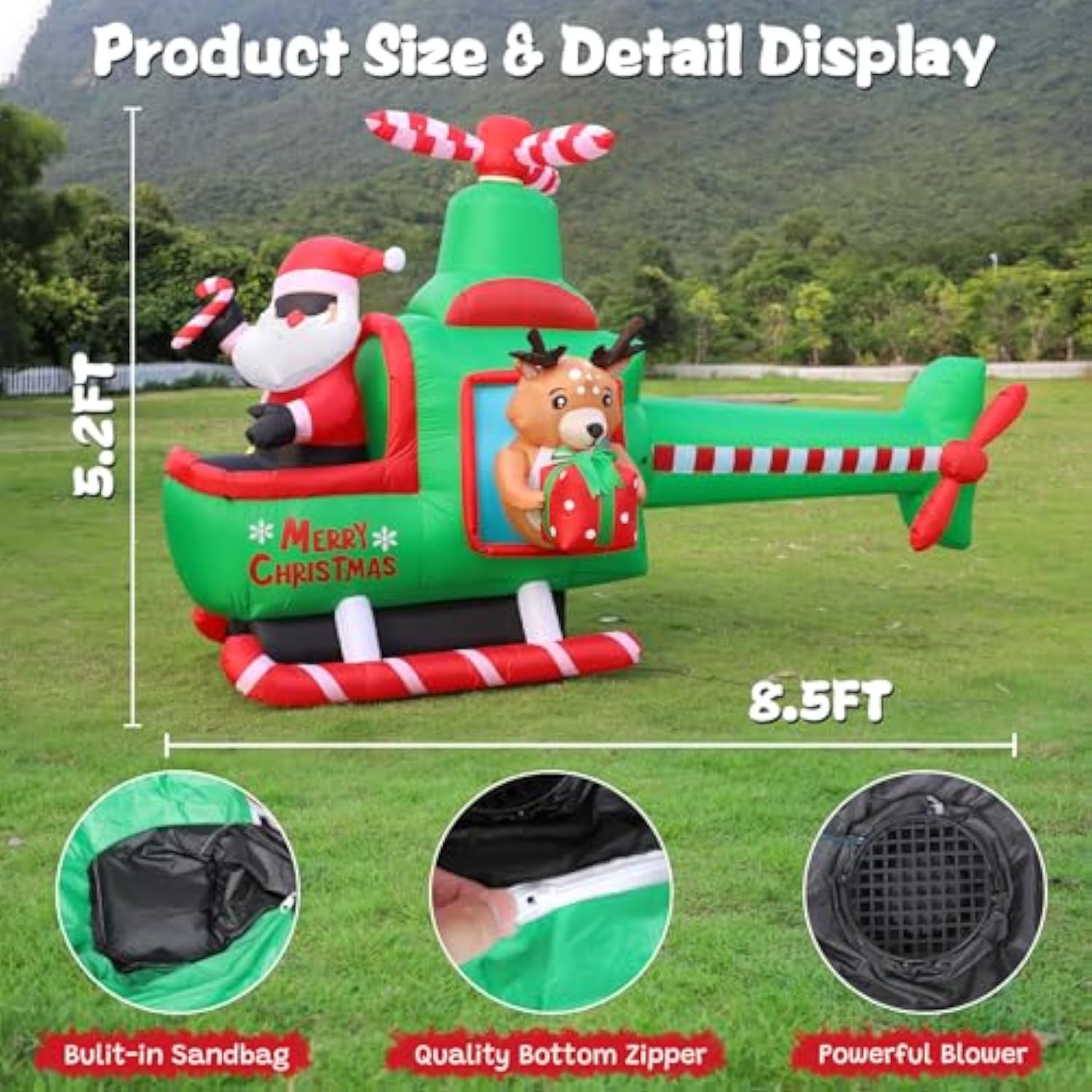 8.5 Ft Long Christmas Inflatable Outdoor Decorations, Blow Up Santa Claus Helicopter With Bright Led Lights, Christmas S