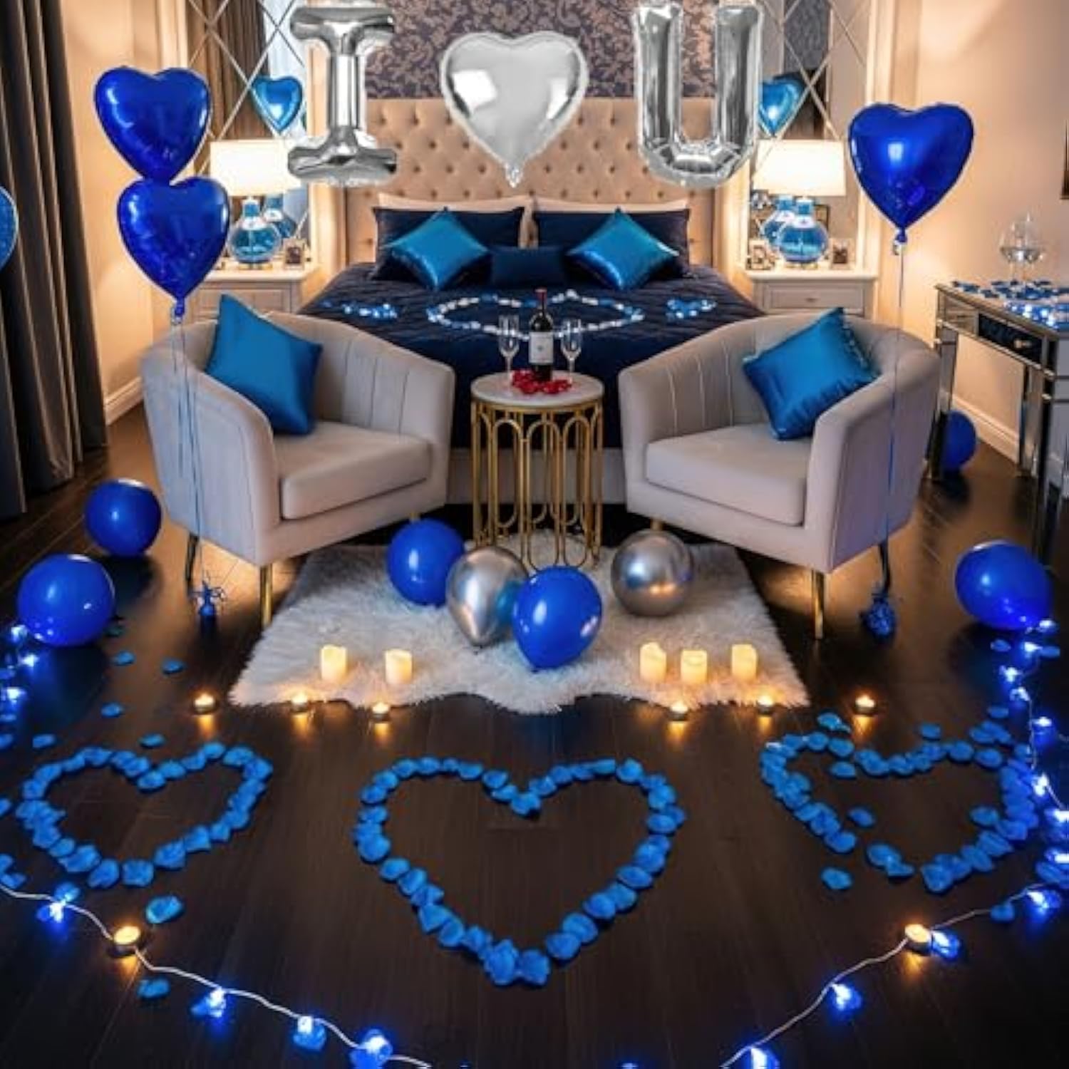 I Love You For Him/Her Balloons 56Pcs Royal Blue And Sliver Balloon Kit Include 18 Inch Heart Shaped Balloons And 500 Blue Artificial Rose Petals Romantic Decoration Kit For Valentines Party
