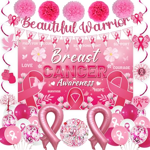 Pink Breast Cancer Awareness Decorations with Backdrop, Banner