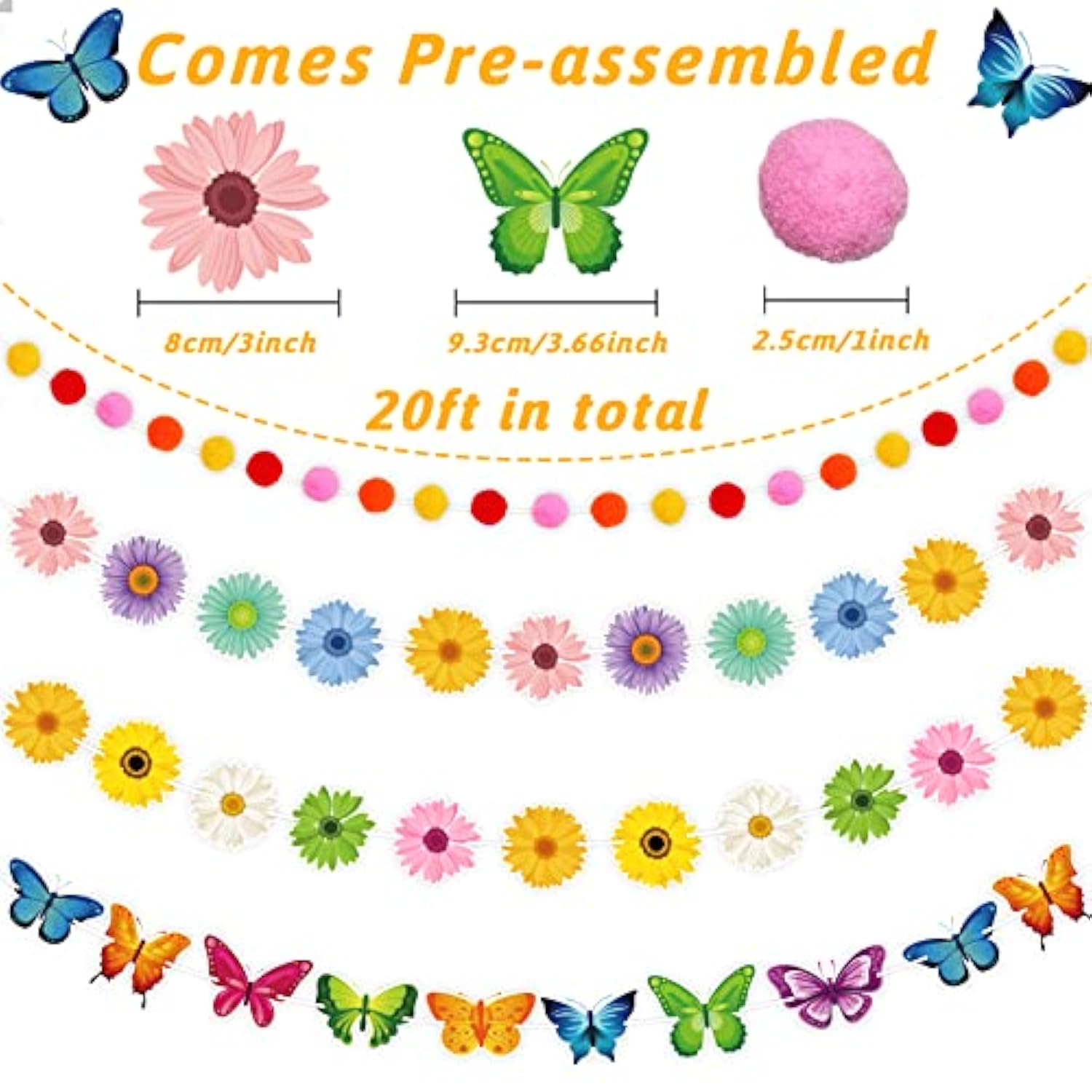 4Pcs Spring Banner Decorations Spring Butterfly Flowers Garland Kits Sun Flowers Hanging Swirl Birthday Party Supplies For Sum Easter Classroom Blackboard Indoor Outdoor Home Mantel Wedding Decor