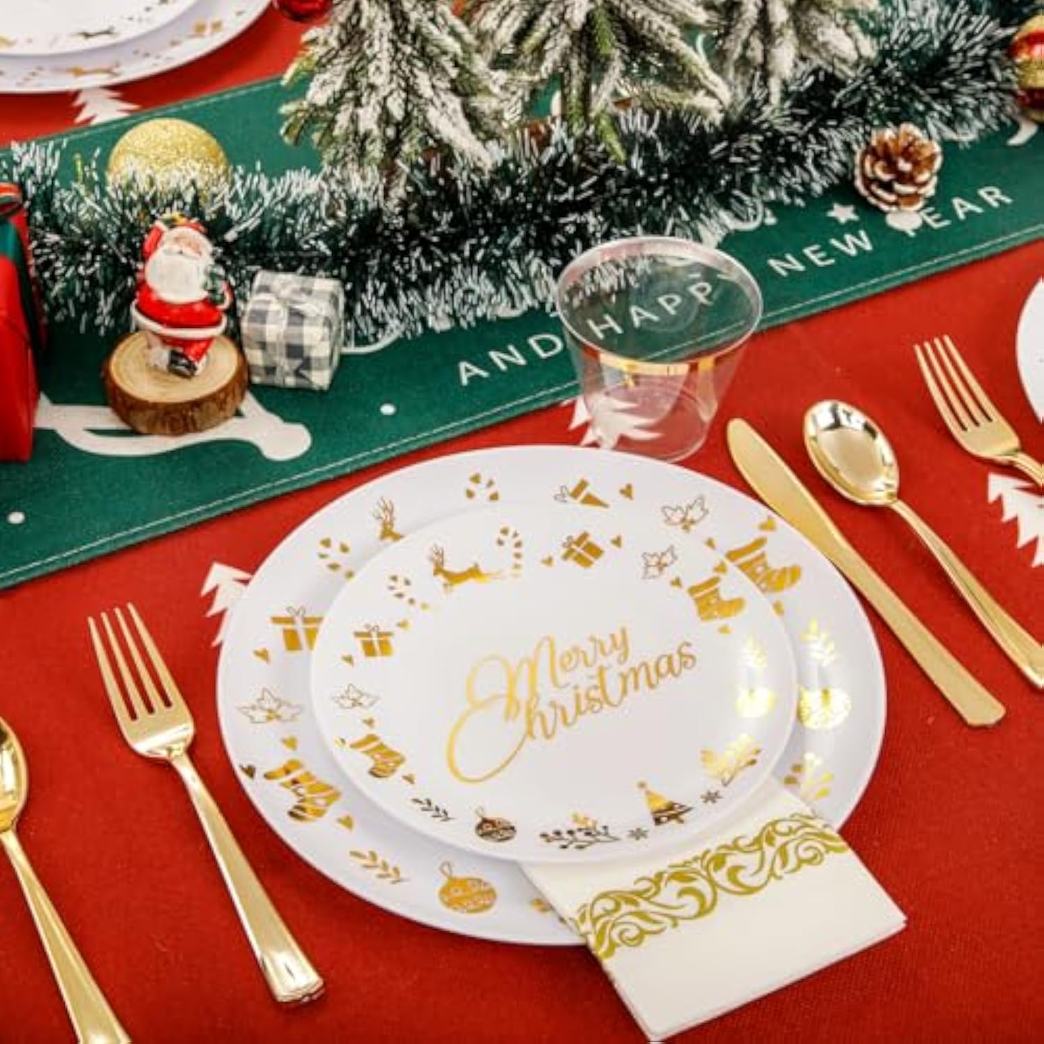 175 Pieces Christmas Plastic Plates - Christmas Gold Plastic Plates Include 25Dinner Plate, 25Dessert Plate, 25Knives, 25Forks, 25Spoons, 25Cups, 25 Napkins For Xmas Party