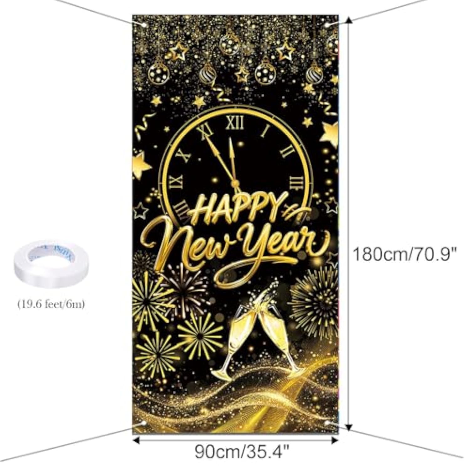 2026 Happy New Year Black Gold Door Banner for Front Porch