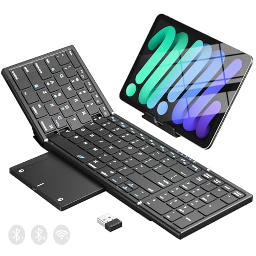 Foldable Bluetooth Keyboard With Touchpad & Number Pad, 3 Devices (2.4G+Btx2) Fold Portable Keyboard, Full Size Key Large Trackpad Wireless Travel Rechargeable Keyboards For Android Windows Ios Tablet